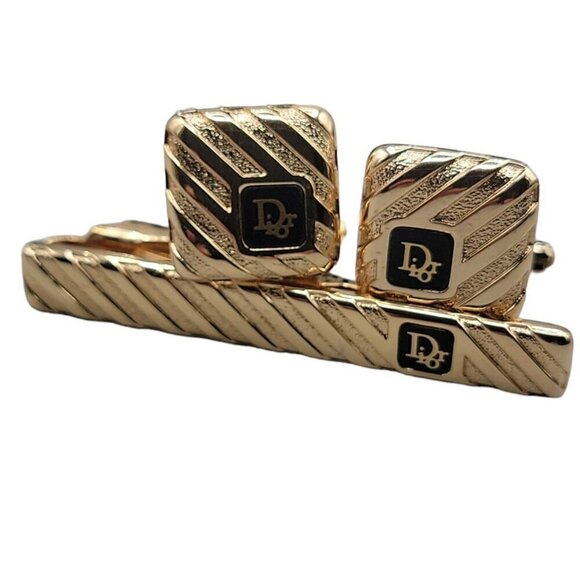 Christian Dior Germany Cufflinks & Tie Clip Mens Gold Plated Accessories Vintage